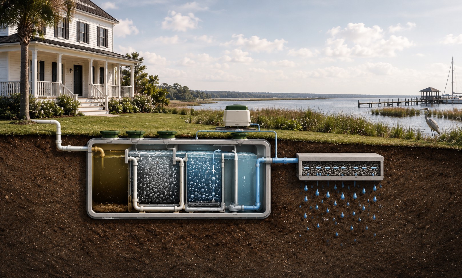 Cutaway illustration of a Lowcountry lot: wastewater flows from a two-story home through the four chambers of a buried Fuji Clean tank, then out to a compact gravel drain field that disperses treated water into the soil near the salt marsh