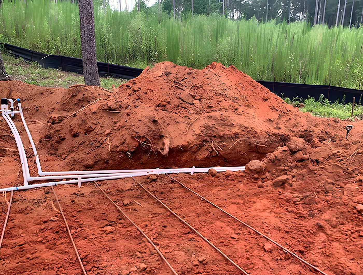 Freshly installed drain field manifold in red Lowcountry clay