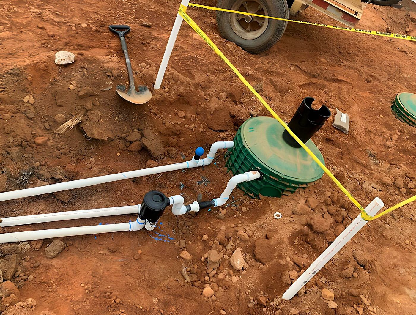 Excavated drain field lateral with PVC piping exposed